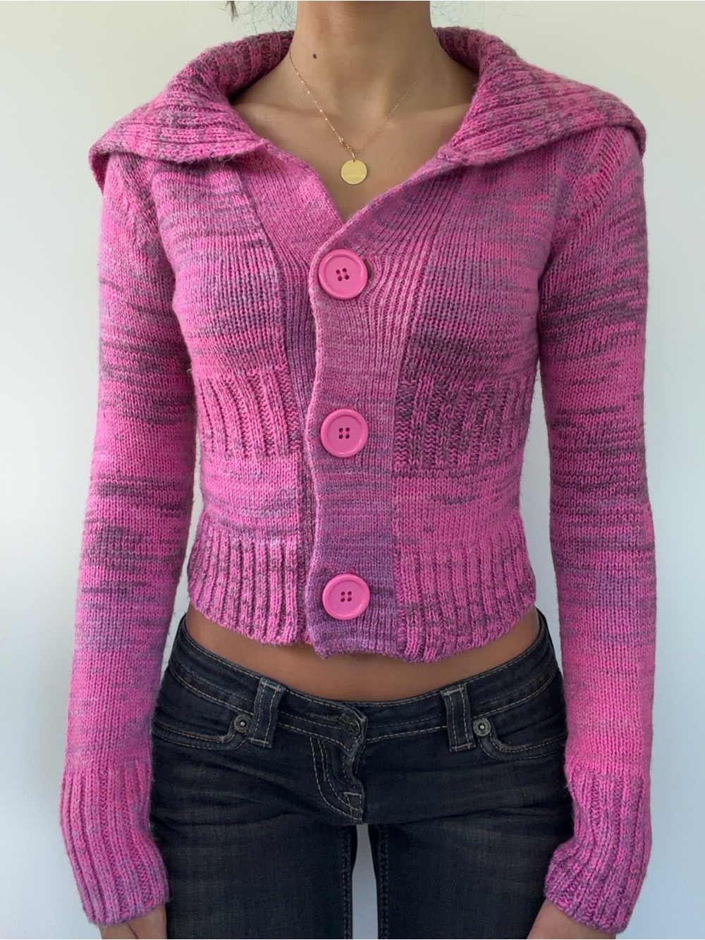 Pink Knit Button-Front Sweater with Collar - Urban Outfitters
